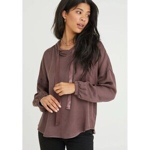 Bella Dahl Womens Hoodie Barberry Brown Loose Pullover V Neck Long Sleeve Small
